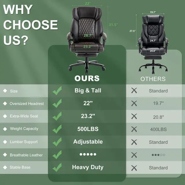 Alt view image 4 of 7 - 500LBS Reclining Executive Office Chair with Retractable Footrest, Brown | Adjustable Lumbar Support, for Big and Tall People, Leather, Manager Desk Chair, for Home Office, Work, and Relaxation