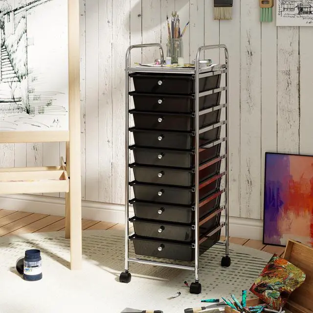 Alt view image 2 of 7 - 10-Drawer Rolling Storage Cart, Utility Cart with Metal Frame, Lockable Wheels & Removable Drawers, Multipurpose Art Craft Organizer for Home Office Classroom (Black)