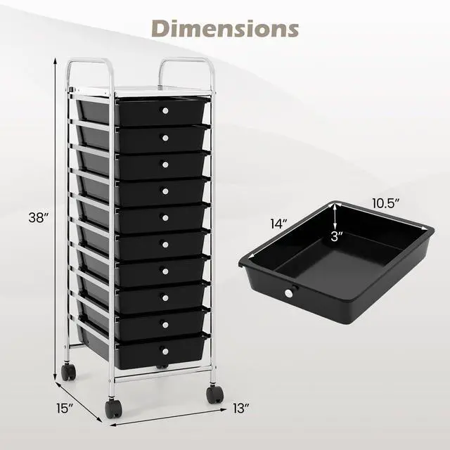 Alt view image 3 of 7 - 10-Drawer Rolling Storage Cart, Utility Cart with Metal Frame, Lockable Wheels & Removable Drawers, Multipurpose Art Craft Organizer for Home Office Classroom (Black)