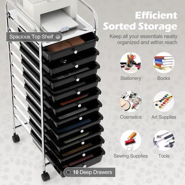 Alt view image 4 of 7 - 10-Drawer Rolling Storage Cart, Utility Cart with Metal Frame, Lockable Wheels & Removable Drawers, Multipurpose Art Craft Organizer for Home Office Classroom (Black)