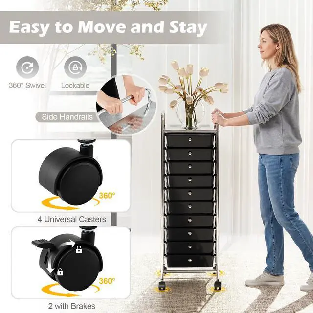 Alt view image 5 of 7 - 10-Drawer Rolling Storage Cart, Utility Cart with Metal Frame, Lockable Wheels & Removable Drawers, Multipurpose Art Craft Organizer for Home Office Classroom (Black)