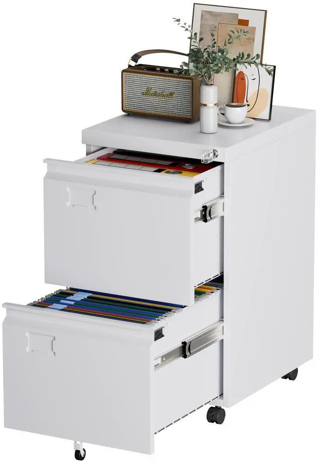Main image of 2 Drawer Metal File Cabinet with Lock and Wheels, White | 14.57"W x 17.36"D x 25.79"H rolling cabinet with 5 casters, locking drawers for Letter and A4 folders, Required Assembly