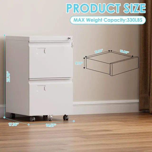Alt view image 3 of 7 - 2 Drawer Metal File Cabinet with Lock and Wheels, White | 14.57"W x 17.36"D x 25.79"H rolling cabinet with 5 casters, locking drawers for Letter and A4 folders, Required Assembly