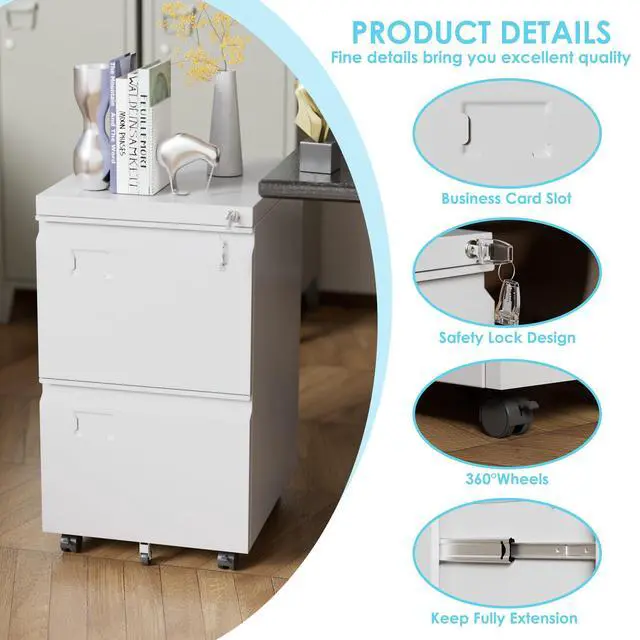 Alt view image 4 of 7 - 2 Drawer Metal File Cabinet with Lock and Wheels, White | 14.57"W x 17.36"D x 25.79"H rolling cabinet with 5 casters, locking drawers for Letter and A4 folders, Required Assembly