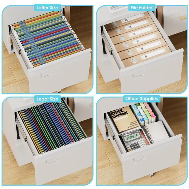Alt view image 5 of 7 - 2 Drawer Metal File Cabinet with Lock and Wheels, White | 14.57"W x 17.36"D x 25.79"H rolling cabinet with 5 casters, locking drawers for Letter and A4 folders, Required Assembly