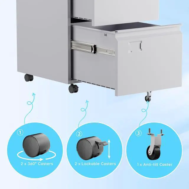 Alt view image 7 of 7 - 2 Drawer Metal File Cabinet with Lock and Wheels, White | 14.57"W x 17.36"D x 25.79"H rolling cabinet with 5 casters, locking drawers for Letter and A4 folders, Required Assembly