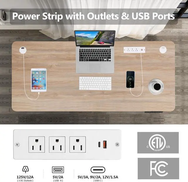 Alt view image 3 of 7 - Electric Standing Desk with Power Outlets and USB-C Port, 70 x 27 Inches Adjustable Height Sit Stand Up Desk for Home Office, Adjustable Desk with Memory Preset and Wheels, Oak