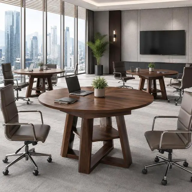 Alt view image 2 of 7 - 43 59" Wooden Extendable Round Conference Table 4-6-8 People | Convertible Oval Meeting Room Table,Office Table with Thicken Tabletop, Apartment Kitchen Dining Room, Walnut