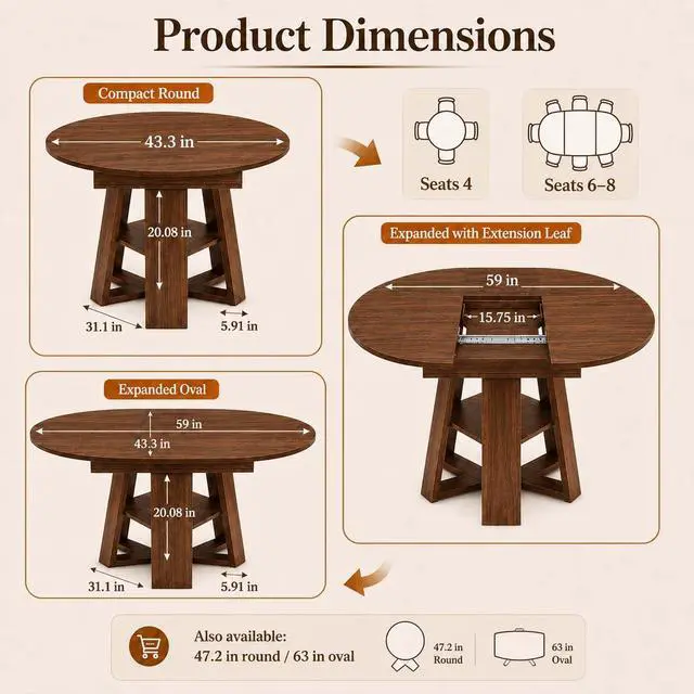 Alt view image 3 of 7 - 43 59" Wooden Extendable Round Conference Table 4-6-8 People | Convertible Oval Meeting Room Table,Office Table with Thicken Tabletop, Apartment Kitchen Dining Room, Walnut