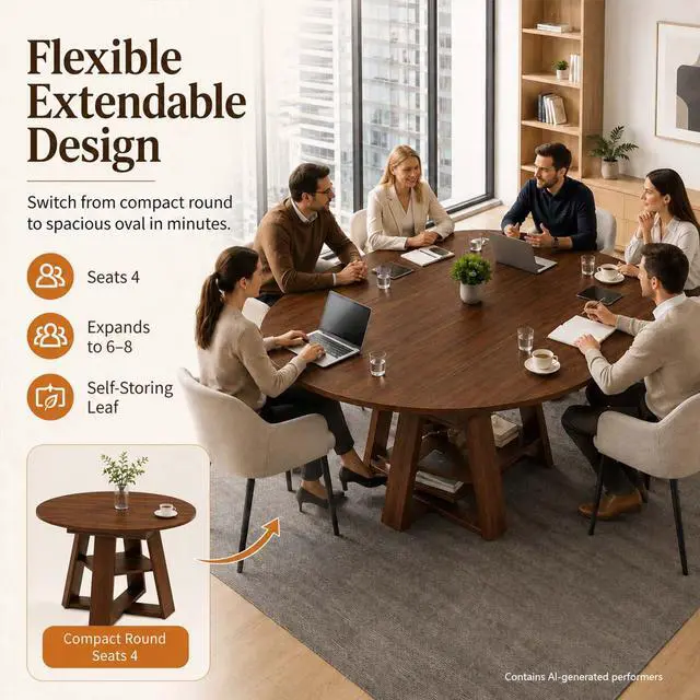 Alt view image 4 of 7 - 43 59" Wooden Extendable Round Conference Table 4-6-8 People | Convertible Oval Meeting Room Table,Office Table with Thicken Tabletop, Apartment Kitchen Dining Room, Walnut