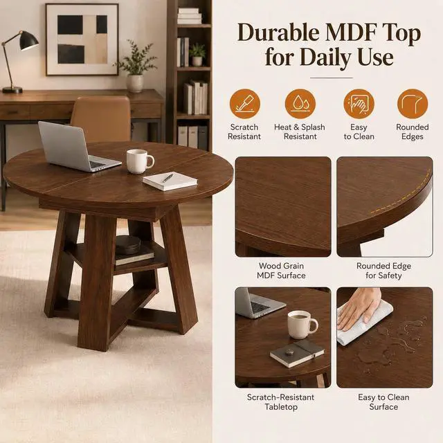 Alt view image 5 of 7 - 43 59" Wooden Extendable Round Conference Table 4-6-8 People | Convertible Oval Meeting Room Table,Office Table with Thicken Tabletop, Apartment Kitchen Dining Room, Walnut