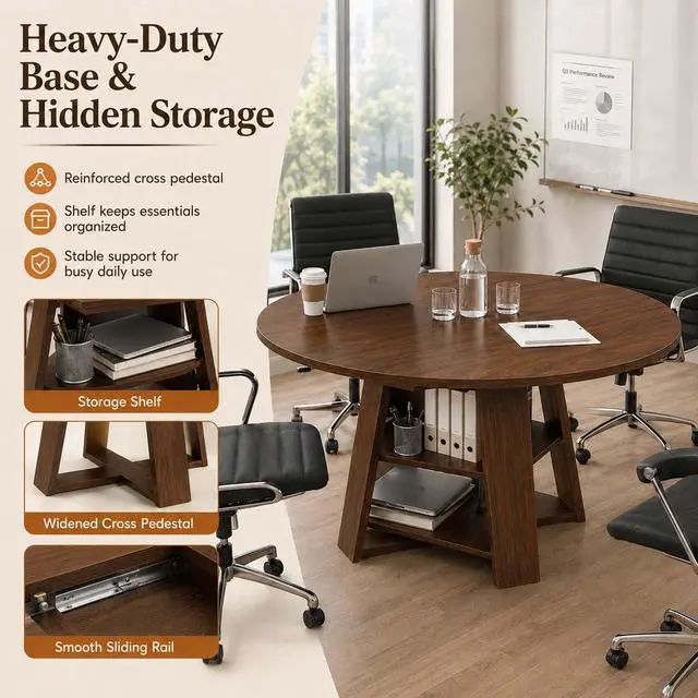 Alt view image 6 of 7 - 43 59" Wooden Extendable Round Conference Table 4-6-8 People | Convertible Oval Meeting Room Table,Office Table with Thicken Tabletop, Apartment Kitchen Dining Room, Walnut