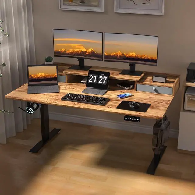 Alt view image 2 of 7 - 63 x 30 Inch Electric Standing Desk with 2 Drawers, Adjustable Height Widened Stand Up Desk with Storage, Sit to Stand Ergonomic Workstation for Home Office, Light Rustic