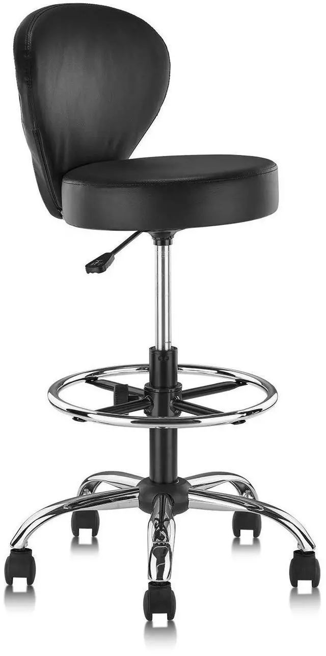 Main image of PVC Faux Leather Drafting Chair Rolling Swivel Salon Stool Seat Adjustable Height 30 Inch with Back Support Foot Rest Hydraulic Wide Seat Diameter 15 in for Tattoo Beauty Barber Lash