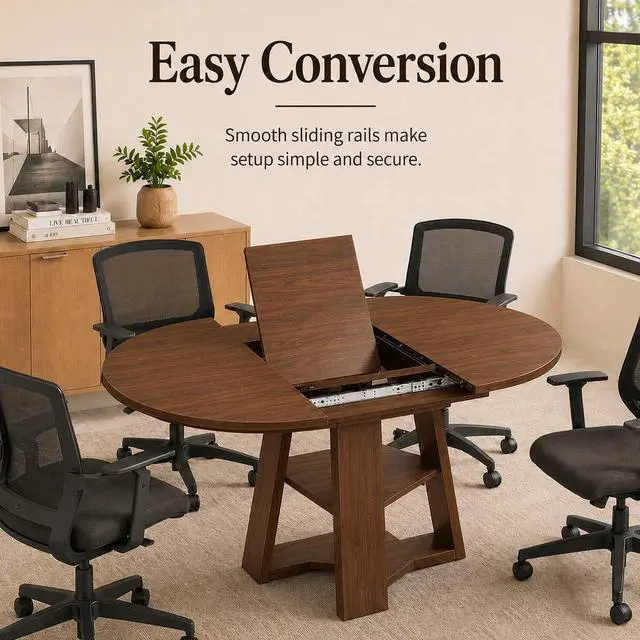 Alt view image 7 of 7 - 43 59" Wooden Extendable Round Conference Table 4-6-8 People | Convertible Oval Meeting Room Table,Office Table with Thicken Tabletop, Apartment Kitchen Dining Room, Walnut