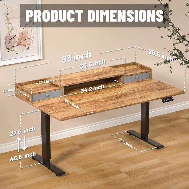 Alt view image 3 of 7 - 63 x 30 Inch Electric Standing Desk with 2 Drawers, Adjustable Height Widened Stand Up Desk with Storage, Sit to Stand Ergonomic Workstation for Home Office, Light Rustic