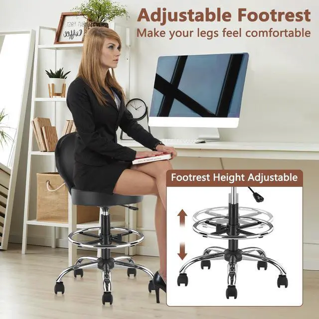 Alt view image 4 of 7 - PVC Faux Leather Drafting Chair Rolling Swivel Salon Stool Seat Adjustable Height 30 Inch with Back Support Foot Rest Hydraulic Wide Seat Diameter 15 in for Tattoo Beauty Barber Lash