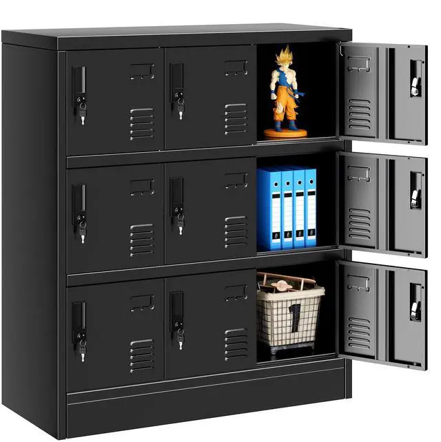 Main image of 9 Door Metal Lockers for Employees, Black Lockable Steel Locker with Lock and Card Slot for Office, Gym, School, Home, Garage, Assembly Required
