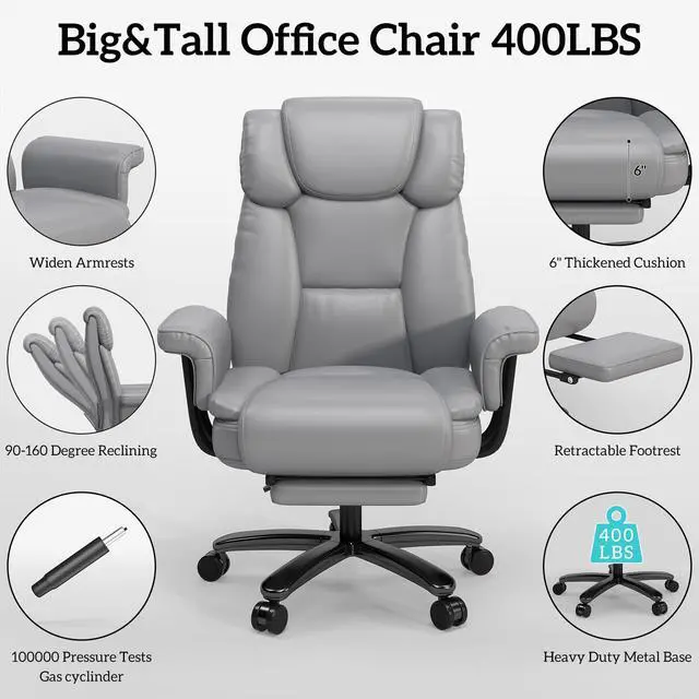 Alt view image 7 of 7 - Criss Cross Chair with Wheels, 160°Big and Tall Reclining Office Desk Chair with High Back, Wide Seat, Arms, Footrest, Grey