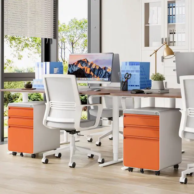 Alt view image 2 of 7 - 3 Drawer Metal Rolling File Cabinet Under Desk Filing Cabinet Orange | 16"W x 18"D x 24"H, Lockable, 5 Wheels, Fully Assembled, Letter/Legal Size, Suitable for Home Office