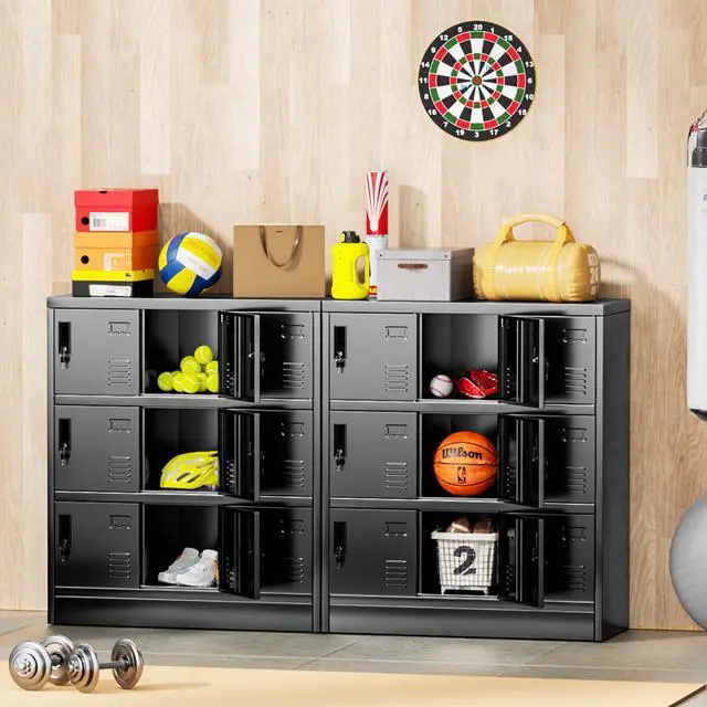 Alt view image 2 of 7 - 9 Door Metal Lockers for Employees, Black Lockable Steel Locker with Lock and Card Slot for Office, Gym, School, Home, Garage, Assembly Required