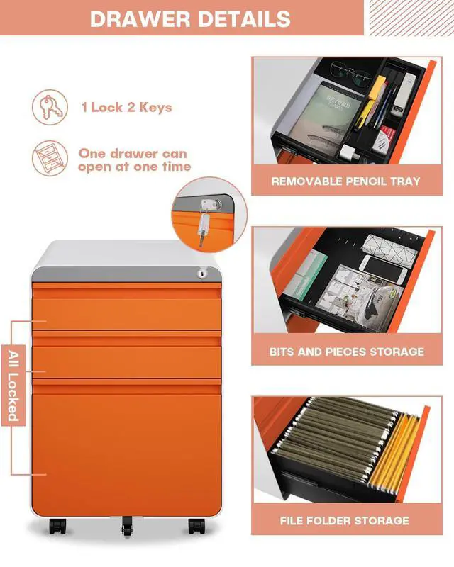 Alt view image 4 of 7 - 3 Drawer Metal Rolling File Cabinet Under Desk Filing Cabinet Orange | 16"W x 18"D x 24"H, Lockable, 5 Wheels, Fully Assembled, Letter/Legal Size, Suitable for Home Office