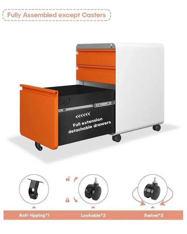 Alt view image 6 of 7 - 3 Drawer Metal Rolling File Cabinet Under Desk Filing Cabinet Orange | 16"W x 18"D x 24"H, Lockable, 5 Wheels, Fully Assembled, Letter/Legal Size, Suitable for Home Office