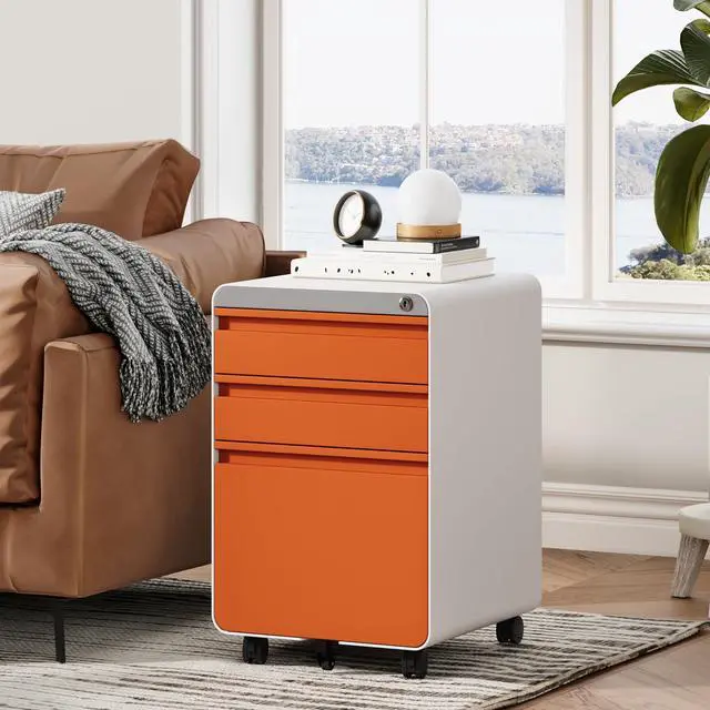 Alt view image 7 of 7 - 3 Drawer Metal Rolling File Cabinet Under Desk Filing Cabinet Orange | 16"W x 18"D x 24"H, Lockable, 5 Wheels, Fully Assembled, Letter/Legal Size, Suitable for Home Office
