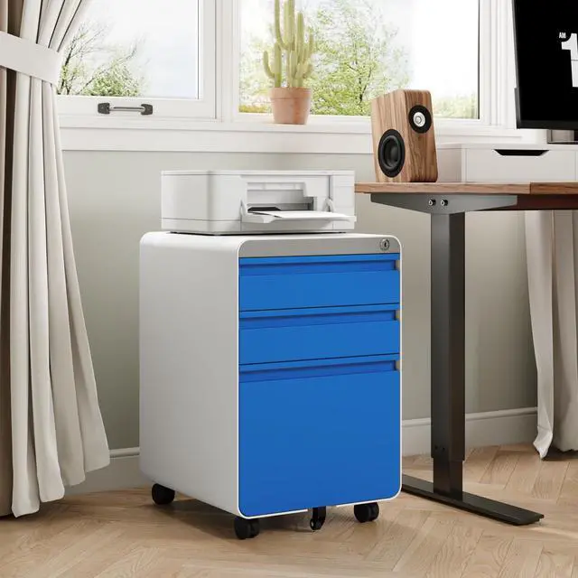 Alt view image 2 of 7 - 3 Drawer Metal Rolling File Cabinet Under Desk Filing Cabinet Blue | 16"W x 18"D x 24"H, Lockable, 5 Wheels, Fully Assembled, Letter/Legal Size, Suitable for Home Office