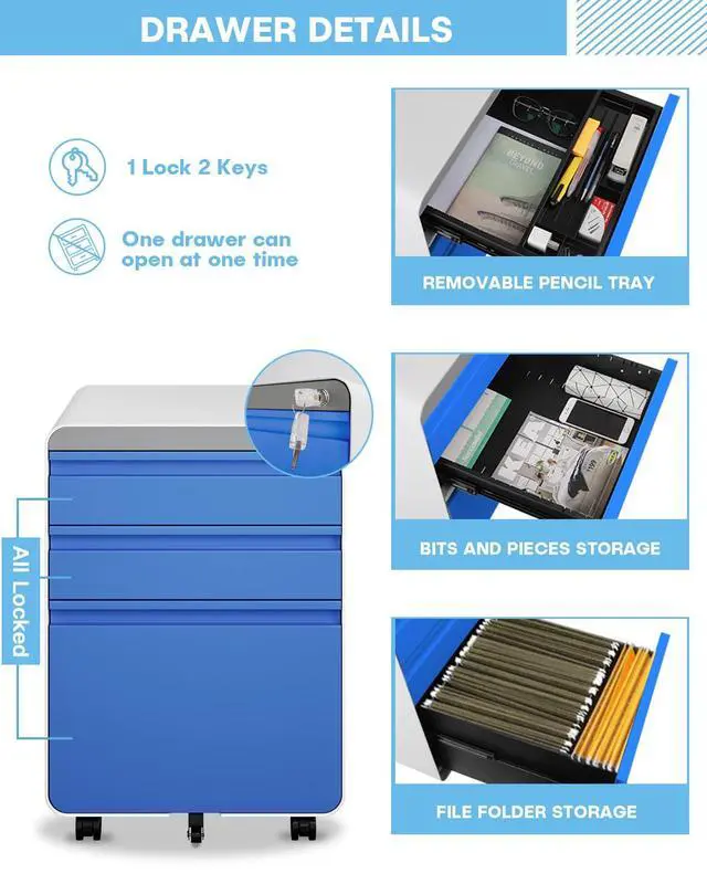 Alt view image 4 of 7 - 3 Drawer Metal Rolling File Cabinet Under Desk Filing Cabinet Blue | 16"W x 18"D x 24"H, Lockable, 5 Wheels, Fully Assembled, Letter/Legal Size, Suitable for Home Office