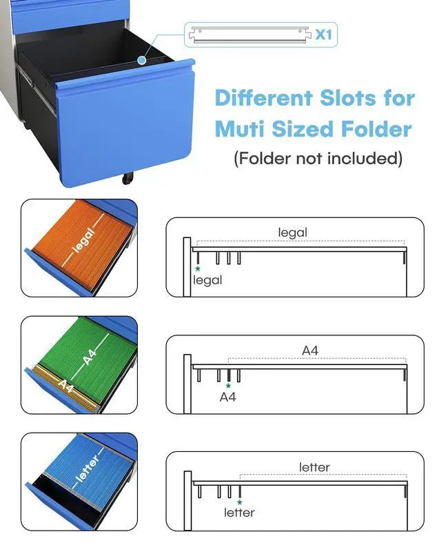 Alt view image 5 of 7 - 3 Drawer Metal Rolling File Cabinet Under Desk Filing Cabinet Blue | 16"W x 18"D x 24"H, Lockable, 5 Wheels, Fully Assembled, Letter/Legal Size, Suitable for Home Office