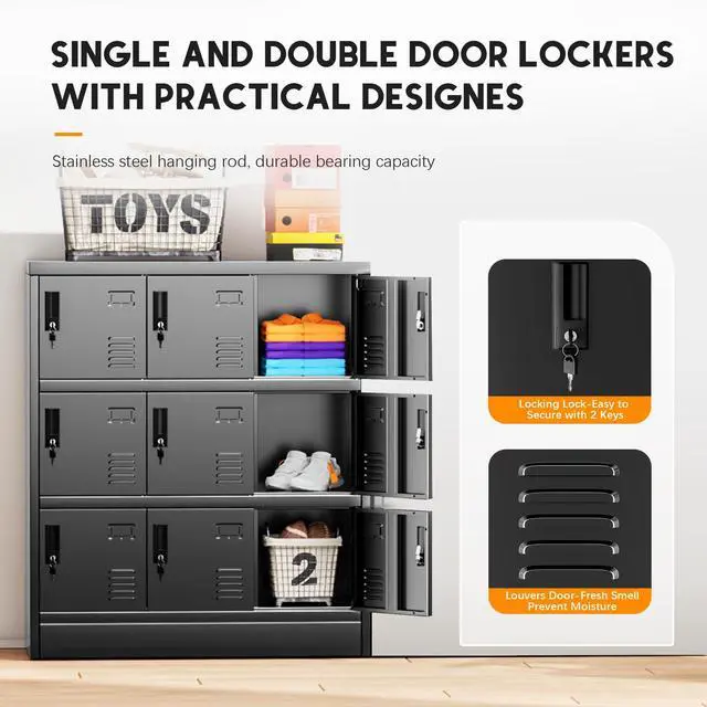 Alt view image 4 of 7 - 9 Door Storage Locker for Employee, Metal Locker for Office, Gym, Shool, Lockable Steel Locker with Lock and Card Slot for Home, Garage, Black