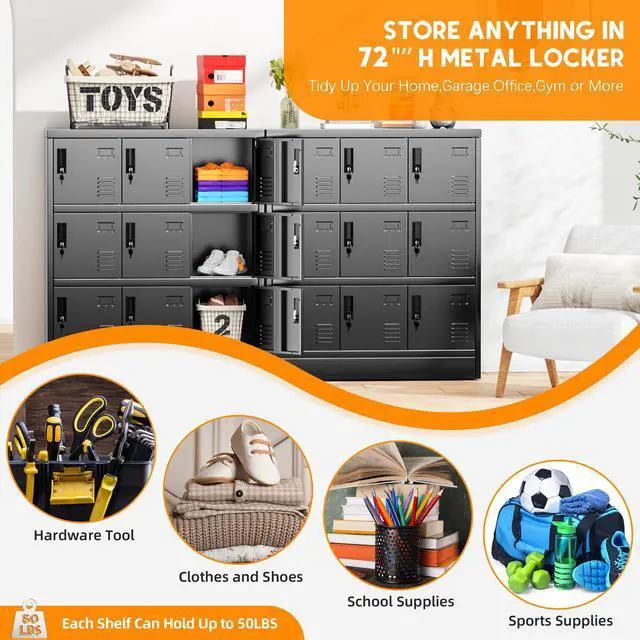 Alt view image 6 of 7 - 9 Door Storage Locker for Employee, Metal Locker for Office, Gym, Shool, Lockable Steel Locker with Lock and Card Slot for Home, Garage, Black