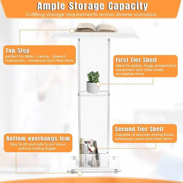 Alt view image 3 of 7 - 45.3 Acrylic Podium Lectern, Pulpit for Churches with Double Shelves, Modern Plexiglass Pulpits Lectern, Stand Up Pulpits for Classroom, Conference, Wedding