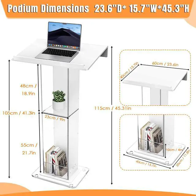 Alt view image 2 of 7 - 45.3 Acrylic Podium Lectern, Pulpit for Churches with Double Shelves, Modern Plexiglass Pulpits Lectern, Stand Up Pulpits for Classroom, Conference, Wedding