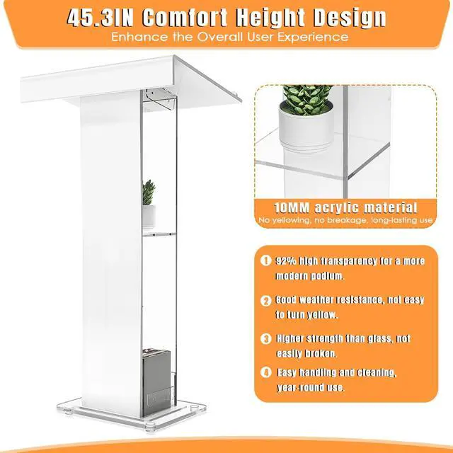 Alt view image 4 of 7 - 45.3 Acrylic Podium Lectern, Pulpit for Churches with Double Shelves, Modern Plexiglass Pulpits Lectern, Stand Up Pulpits for Classroom, Conference, Wedding