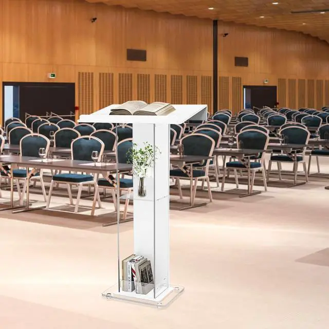Alt view image 6 of 7 - 45.3 Acrylic Podium Lectern, Pulpit for Churches with Double Shelves, Modern Plexiglass Pulpits Lectern, Stand Up Pulpits for Classroom, Conference, Wedding