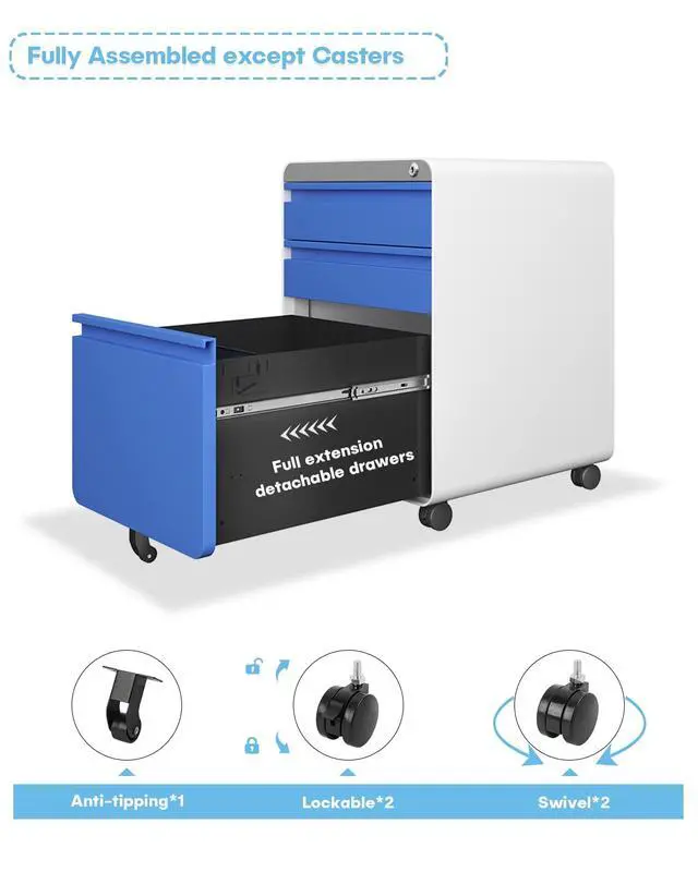 Alt view image 6 of 7 - 3 Drawer Metal Rolling File Cabinet Under Desk Filing Cabinet Blue | 16"W x 18"D x 24"H, Lockable, 5 Wheels, Fully Assembled, Letter/Legal Size, Suitable for Home Office