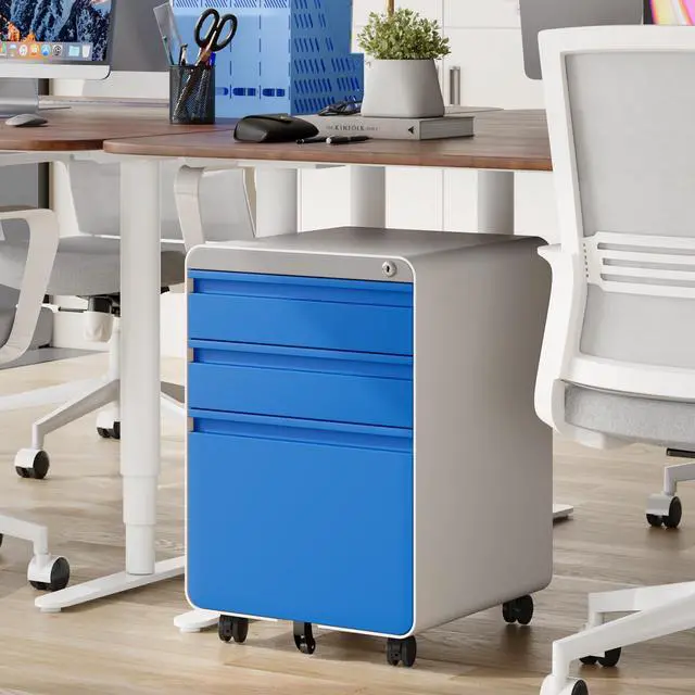 Alt view image 7 of 7 - 3 Drawer Metal Rolling File Cabinet Under Desk Filing Cabinet Blue | 16"W x 18"D x 24"H, Lockable, 5 Wheels, Fully Assembled, Letter/Legal Size, Suitable for Home Office