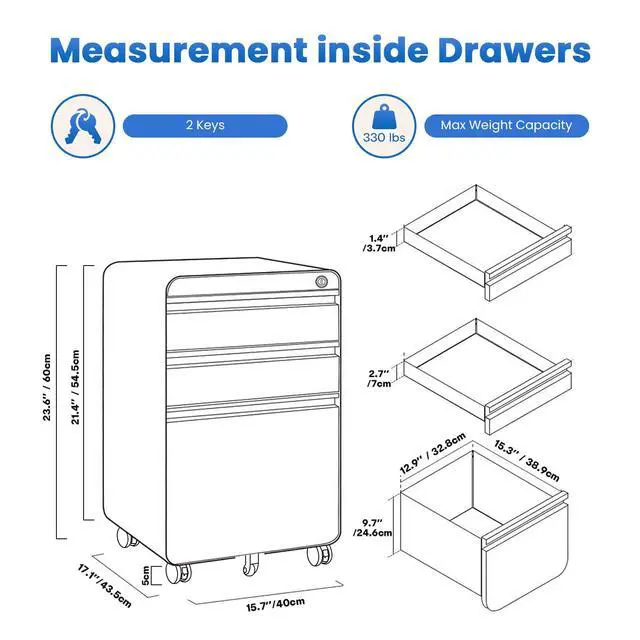 Alt view image 3 of 7 - 3 Drawer Metal Rolling File Cabinet Under Desk Filing Cabinet Blue | 16"W x 18"D x 24"H, Lockable, 5 Wheels, Fully Assembled, Letter/Legal Size, Suitable for Home Office