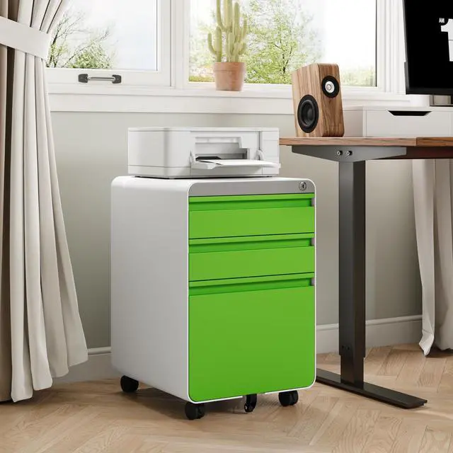 Alt view image 2 of 7 - 3 Drawer Metal Rolling File Cabinet Under Desk Filing Cabinet Green | 16"W x 18"D x 24"H, Lockable, 5 Wheels, Fully Assembled, Letter/Legal Size, Suitable for Home Office