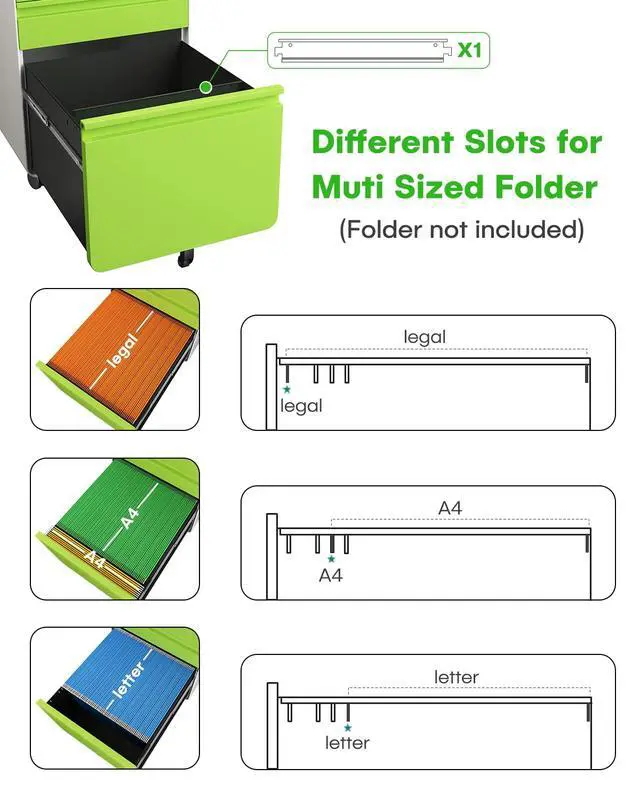 Alt view image 4 of 7 - 3 Drawer Metal Rolling File Cabinet Under Desk Filing Cabinet Green | 16"W x 18"D x 24"H, Lockable, 5 Wheels, Fully Assembled, Letter/Legal Size, Suitable for Home Office