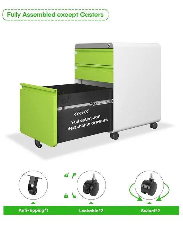 Alt view image 5 of 7 - 3 Drawer Metal Rolling File Cabinet Under Desk Filing Cabinet Green | 16"W x 18"D x 24"H, Lockable, 5 Wheels, Fully Assembled, Letter/Legal Size, Suitable for Home Office