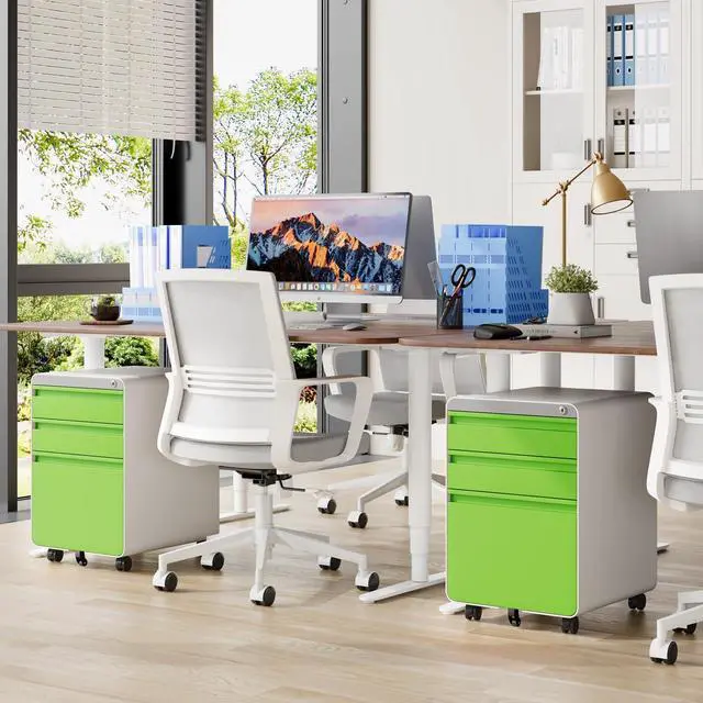 Alt view image 6 of 7 - 3 Drawer Metal Rolling File Cabinet Under Desk Filing Cabinet Green | 16"W x 18"D x 24"H, Lockable, 5 Wheels, Fully Assembled, Letter/Legal Size, Suitable for Home Office