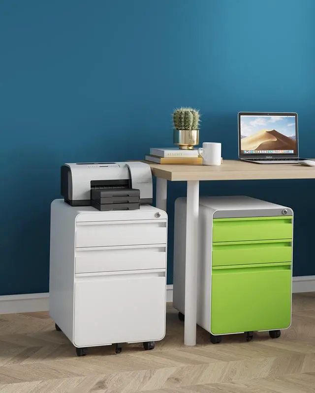 Alt view image 7 of 7 - 3 Drawer Metal Rolling File Cabinet Under Desk Filing Cabinet Green | 16"W x 18"D x 24"H, Lockable, 5 Wheels, Fully Assembled, Letter/Legal Size, Suitable for Home Office