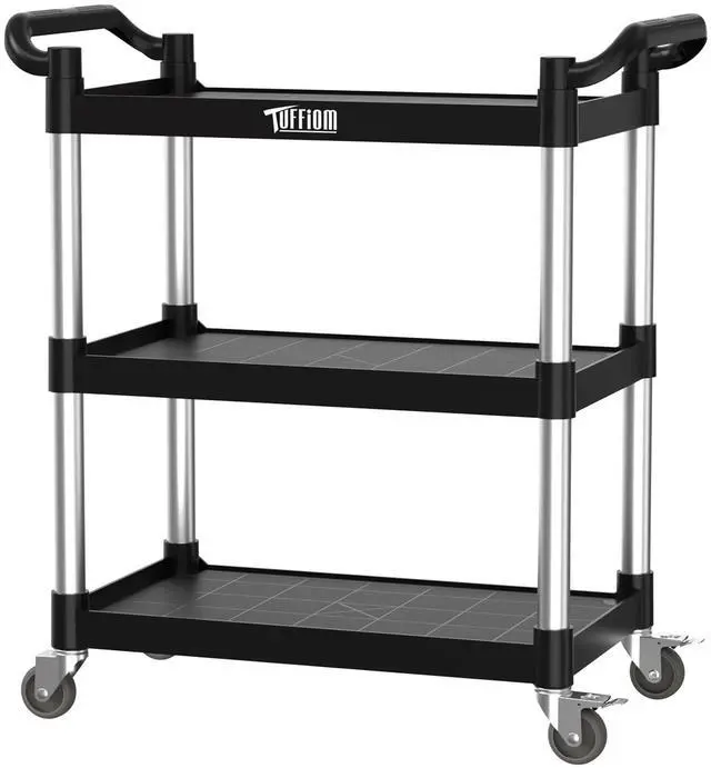 Main image of 3-Tier Plastic Service Utility Cart with Wheels, Heavy Duty 390lbs Capacity, Commercial Rolling Ideal for Restaurant, Foodservice, Office, Warehouse, Black 24.6''L x 15.8''W x 37.4''H