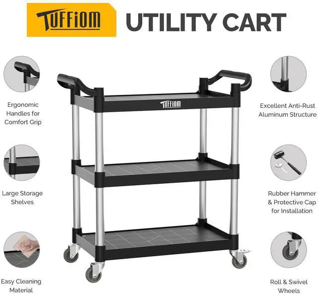 Alt view image 2 of 6 - 3-Tier Plastic Service Utility Cart with Wheels, Heavy Duty 390lbs Capacity, Commercial Rolling Ideal for Restaurant, Foodservice, Office, Warehouse, Black 24.6''L x 15.8''W x 37.4''H