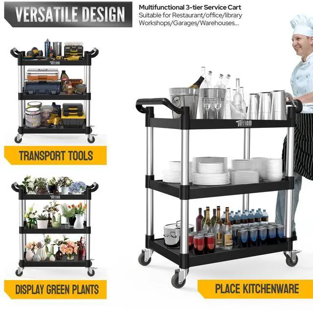 Alt view image 4 of 6 - 3-Tier Plastic Service Utility Cart with Wheels, Heavy Duty 390lbs Capacity, Commercial Rolling Ideal for Restaurant, Foodservice, Office, Warehouse, Black 24.6''L x 15.8''W x 37.4''H