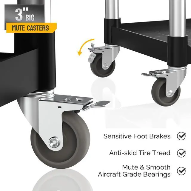Alt view image 3 of 6 - 3-Tier Plastic Service Utility Cart with Wheels, Heavy Duty 390lbs Capacity, Commercial Rolling Ideal for Restaurant, Foodservice, Office, Warehouse, Black 24.6''L x 15.8''W x 37.4''H