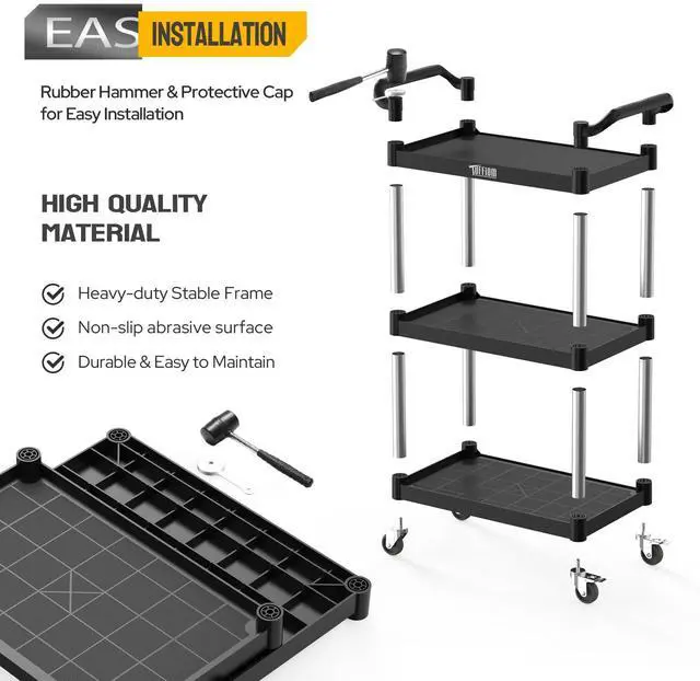 Alt view image 5 of 6 - 3-Tier Plastic Service Utility Cart with Wheels, Heavy Duty 390lbs Capacity, Commercial Rolling Ideal for Restaurant, Foodservice, Office, Warehouse, Black 24.6''L x 15.8''W x 37.4''H